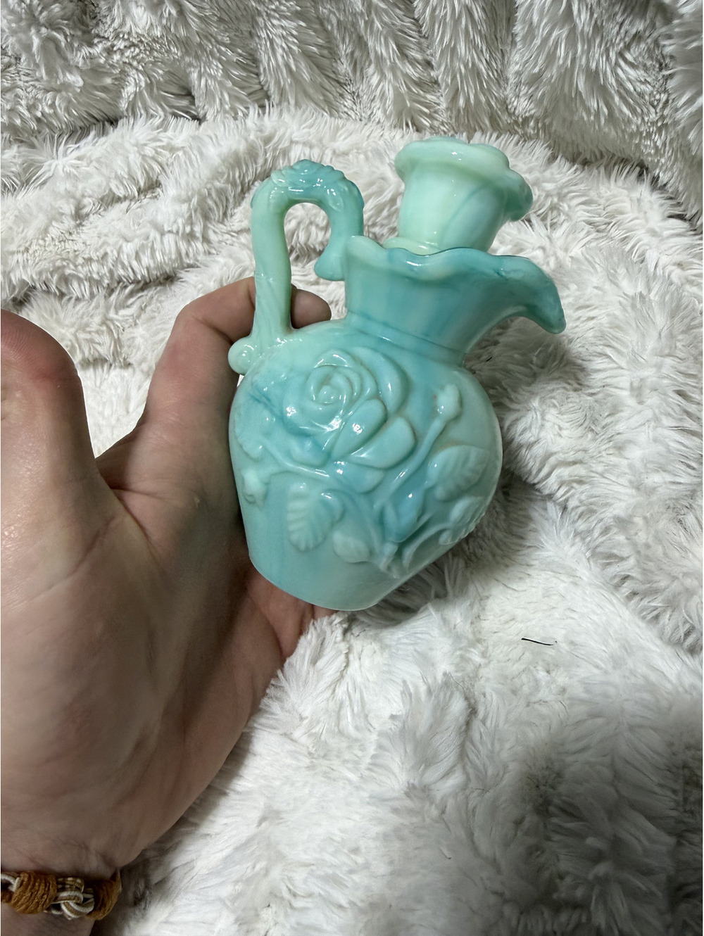 Vintage 1978 Avon Jadeite milk glass bath oil pitcher rose